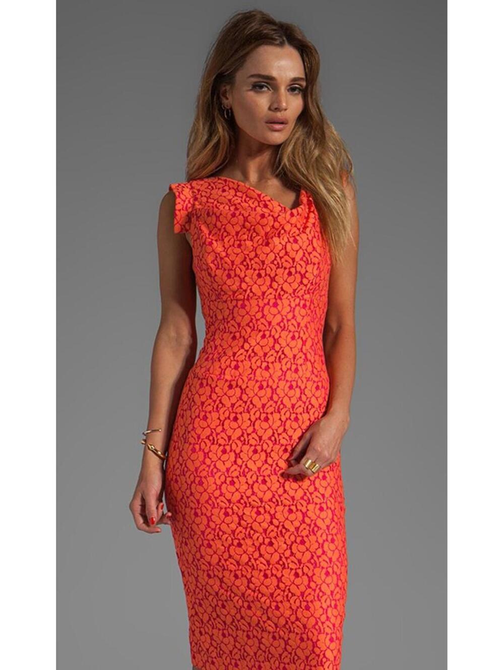 Black Halo Jackie-O Orange Lace Cotton Raschel Knee Length Sheath Dress - Size 6